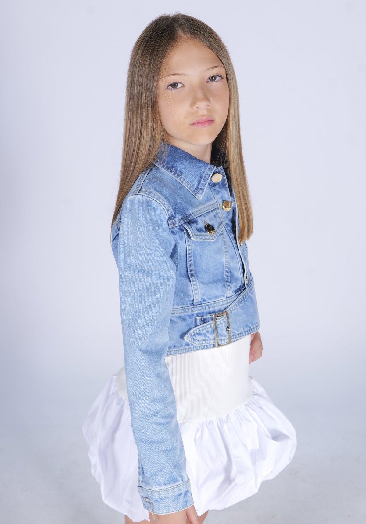 Giubbino in Denim con Colletto a Revers e Maniche Lunghe