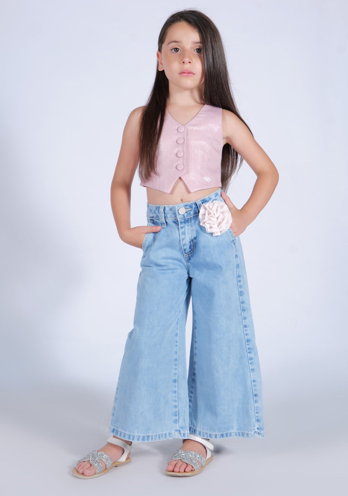 Gilet in Tessuto Gessato con Scollo a V