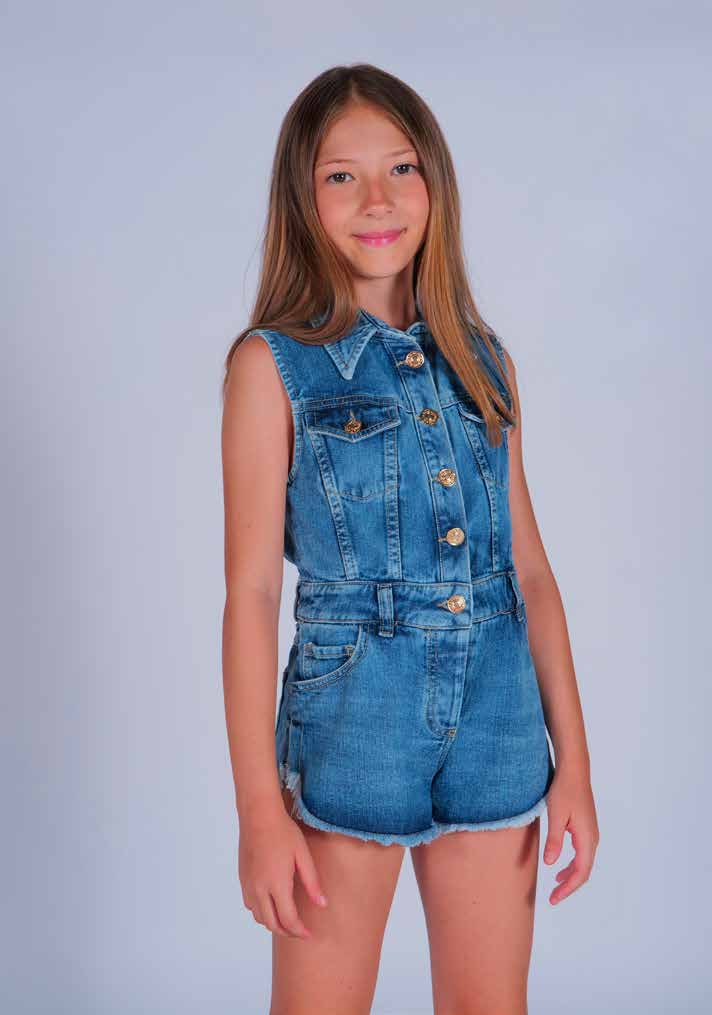 Tutina in Tessuto Jeans con Collo Camicia e Dettagli Logati