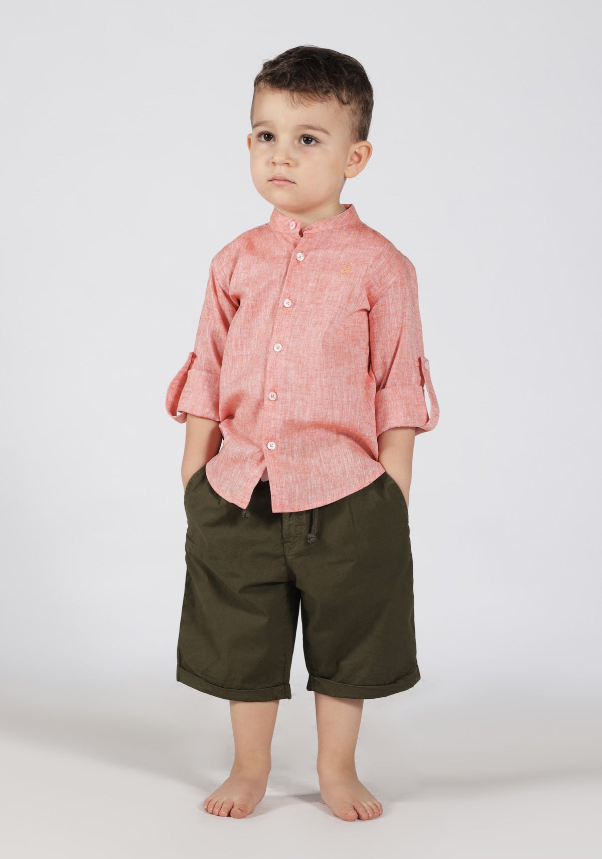 Camicia Siviglia in Lino Arancio con Collo Coreano - 3-7 Anni