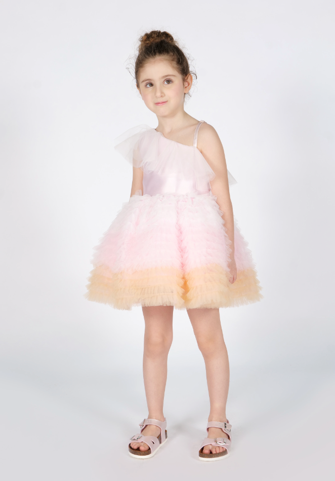 Vestito monospalla in tulle con volant arricciati